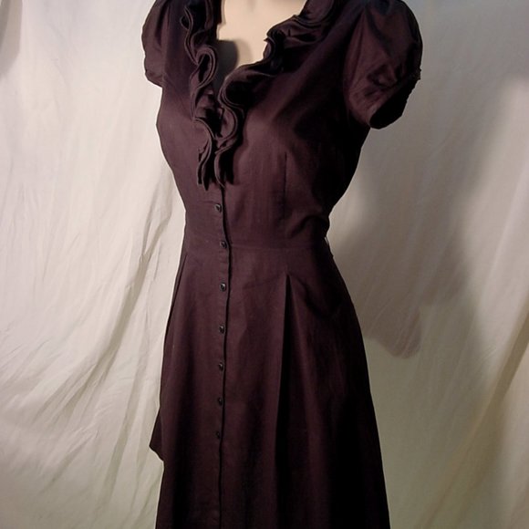 Iz Byer Dresses & Skirts - Black Cotton Shirtdress Ruffled V-Neck Puff Sleeves Pockets by BYER L